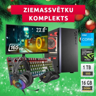 Ziemassvētku komplekts: Dators+Monitors+Tastatūra+Pele+Austiņas Intel I3/16Gb/ SSD1Tb/RTX3050 8GB+ Philips 24" FullHD 165Hz + spēļu tastatūra, pele, austiņas
