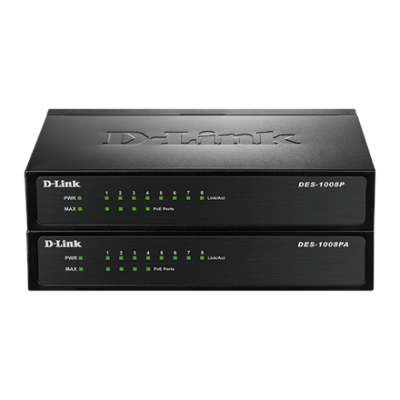 D-Link Switch DES-1008P Unmanaged, Desktop, 10/100 Mbps (RJ-45) ports quantity 8, PoE ports quantity 4, Power supply type Single