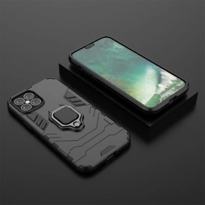 TakeMe Armor aizmugures maks-apvalks ar stendu / pirksta turētāju / magnētisku elementu auto turētājam priekš Apple iPhone 12 Melns