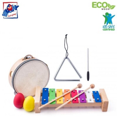 Woody 91893 Эко деревянный / металлический комплект музыкальных инструментов (8шт.) - Цветной ксилофон, бубен, треугольник, 2 маракасы для детей от 3 лет +