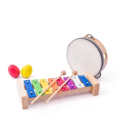 Woody 91893 Эко деревянный / металлический комплект музыкальных инструментов (8шт.) - Цветной ксилофон, бубен, треугольник, 2 маракасы для детей от 3 лет +